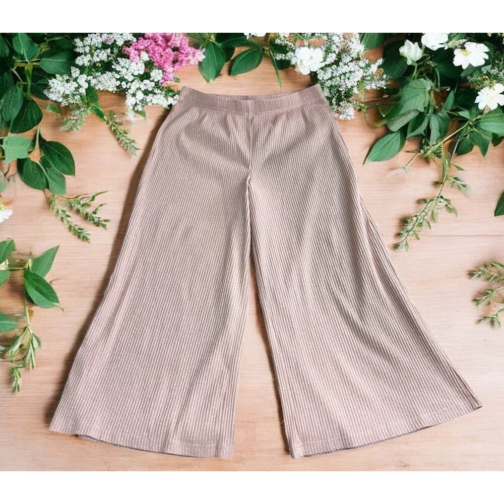 Shein Pink Metallic Rib Pull-On Wide Leg Pants Sz Large Crop Stretch Coquette